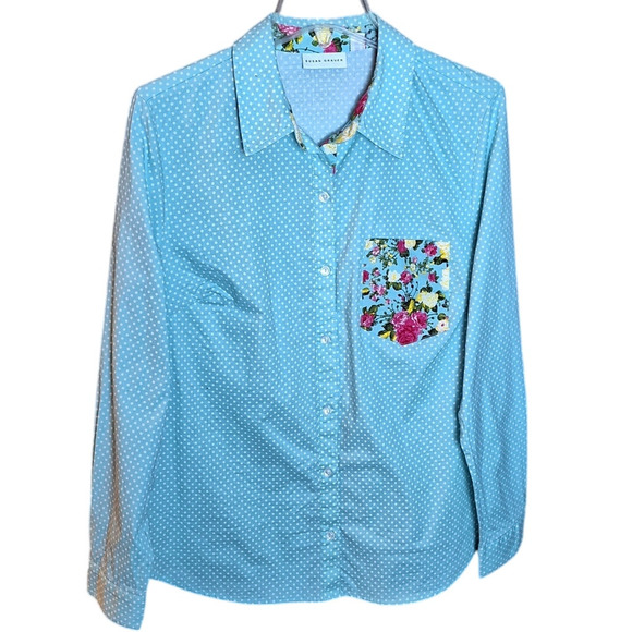 Susan Graver Women 14 Teal White Polka Dot Floral Spring Button Front Shirt - Picture 1 of 5